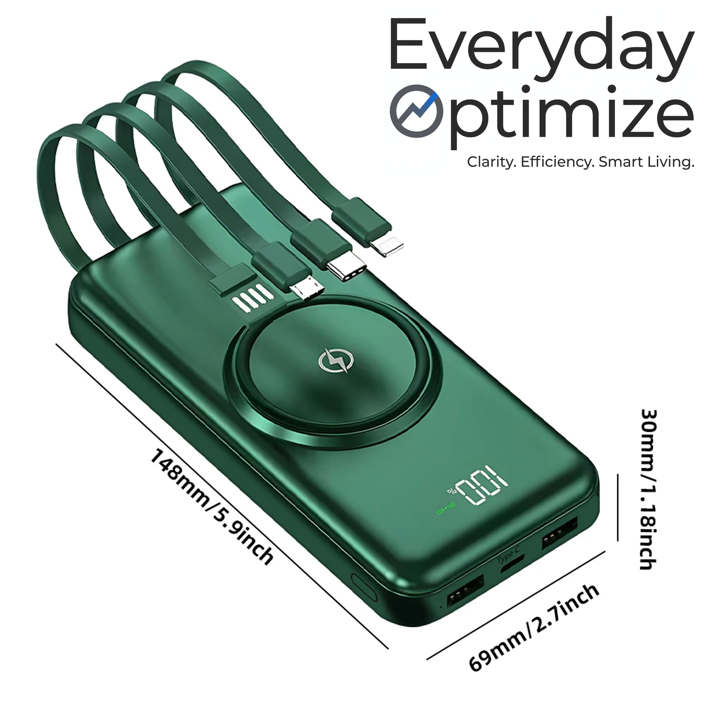Everyday 20,000mAh Wireless Power Bank — Fast Charge with Built‑In Quad Cables