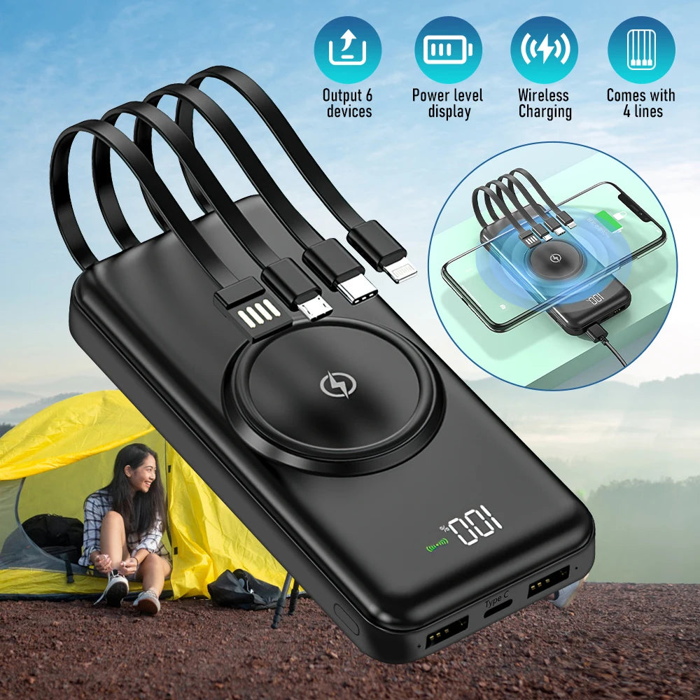 Everyday 20,000mAh Wireless Power Bank — Fast Charge with Built‑In Quad Cables