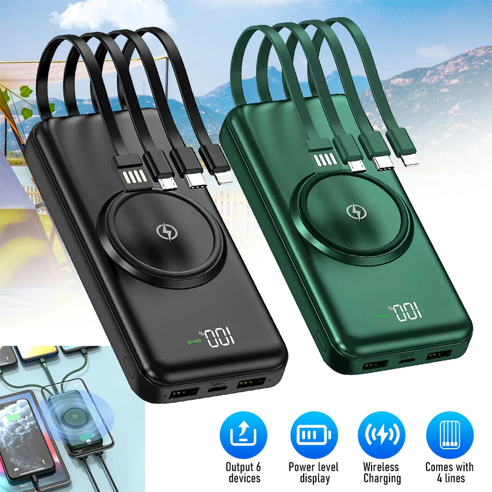 Everyday 20,000mAh Wireless Power Bank — Fast Charge with Built‑In Quad Cables