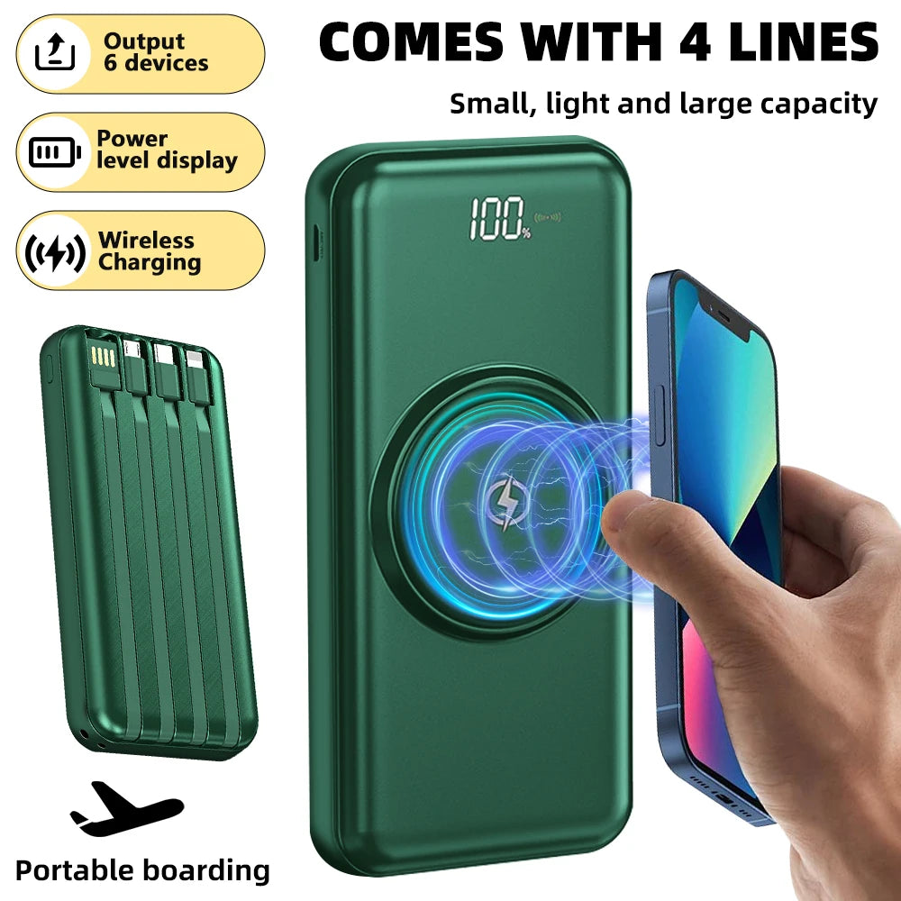 Everyday 20,000mAh Wireless Power Bank — Fast Charge with Built‑In Quad Cables