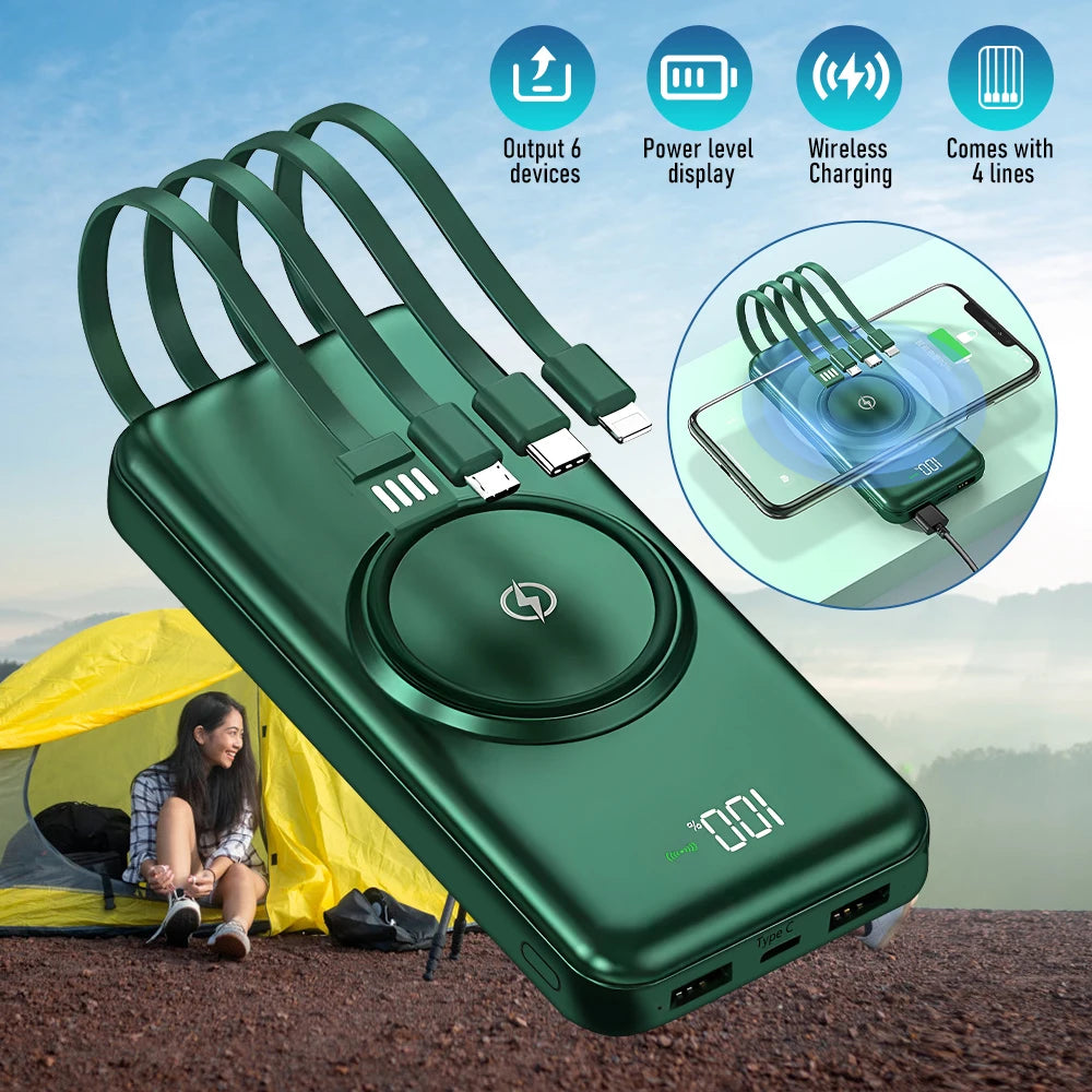 Everyday 20,000mAh Wireless Power Bank — Fast Charge with Built‑In Quad Cables